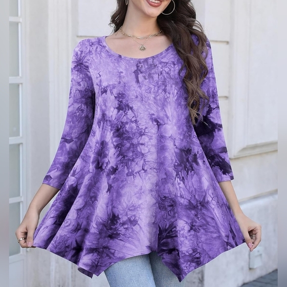 Women's 3/4 Sleeve Casual Flowy Loose Fit Swing Top Tunic, Purple Tie Dye - Picture 4 of 9